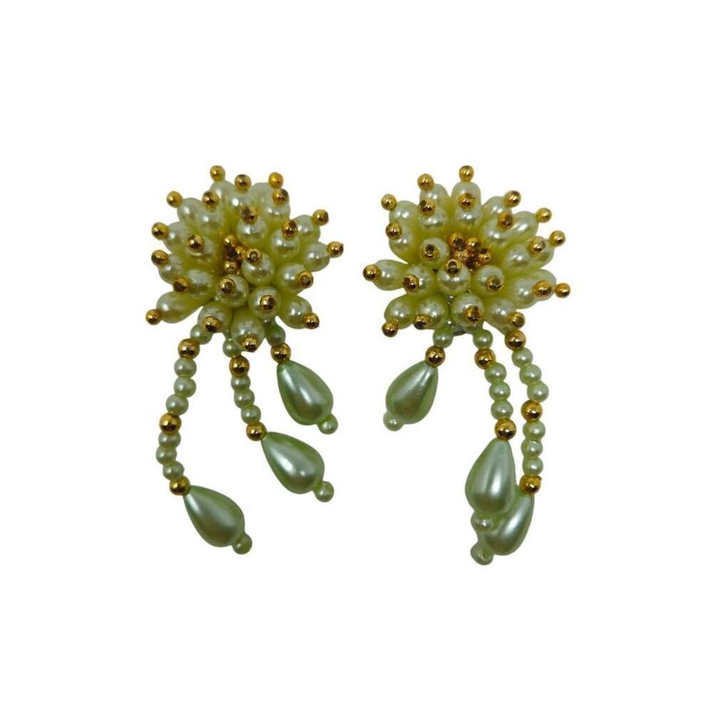 Large Vintage Spiky Pearl Flower & Gold Beaded Dangle Clip-On Earrings | 3.12" | - Picture 3 of 5